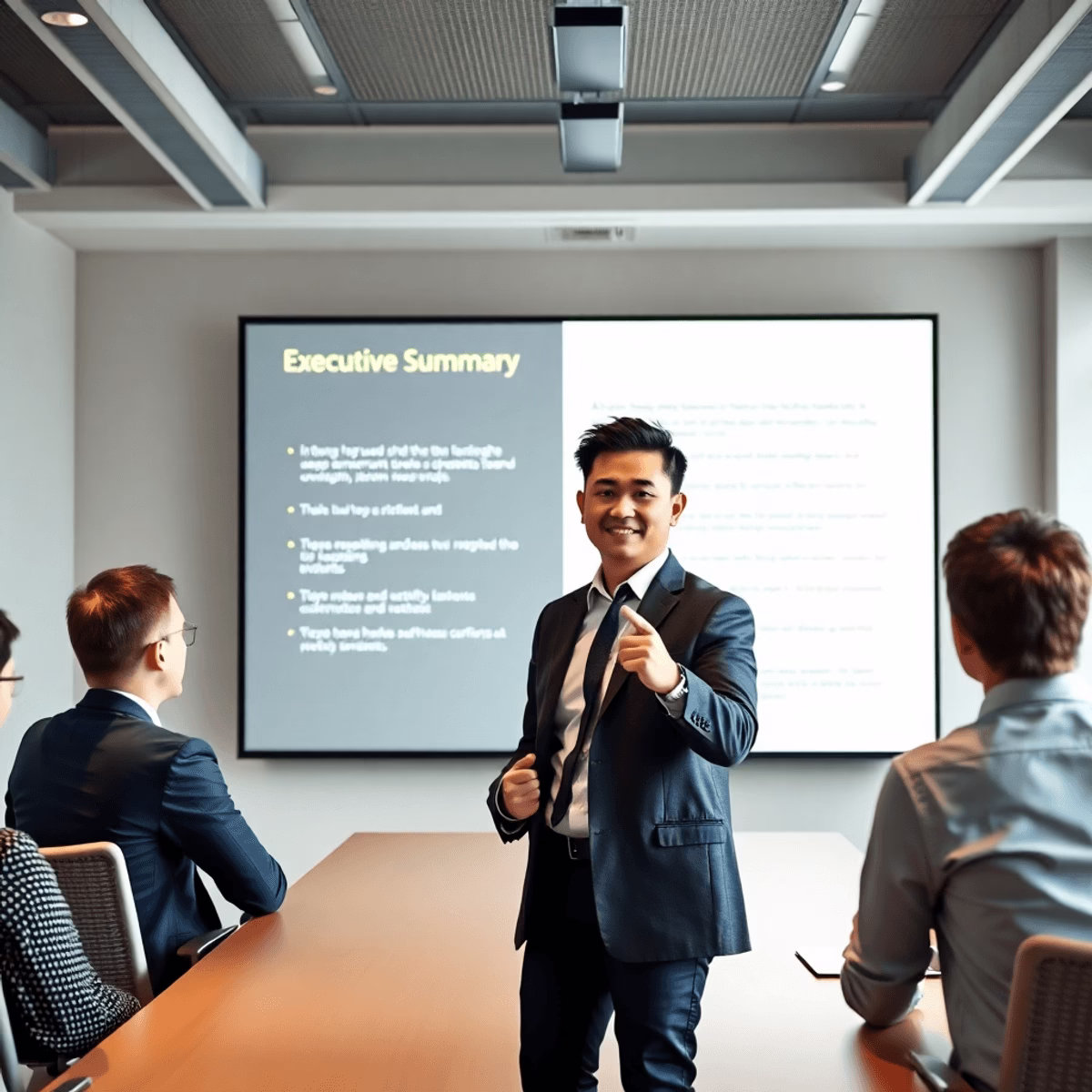 A confident business professional presents an executive summary in a modern conference room, with a large screen highlighting key points, creating ...