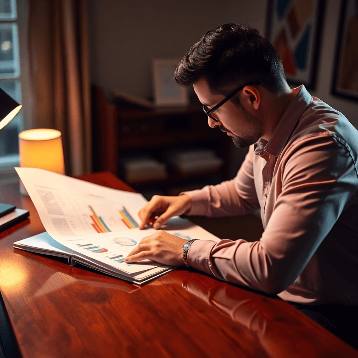 An exitpreneur examines a business plan with charts and graphs on a desk, reflecting planning and foresight in a warm, inviting atmosphere.