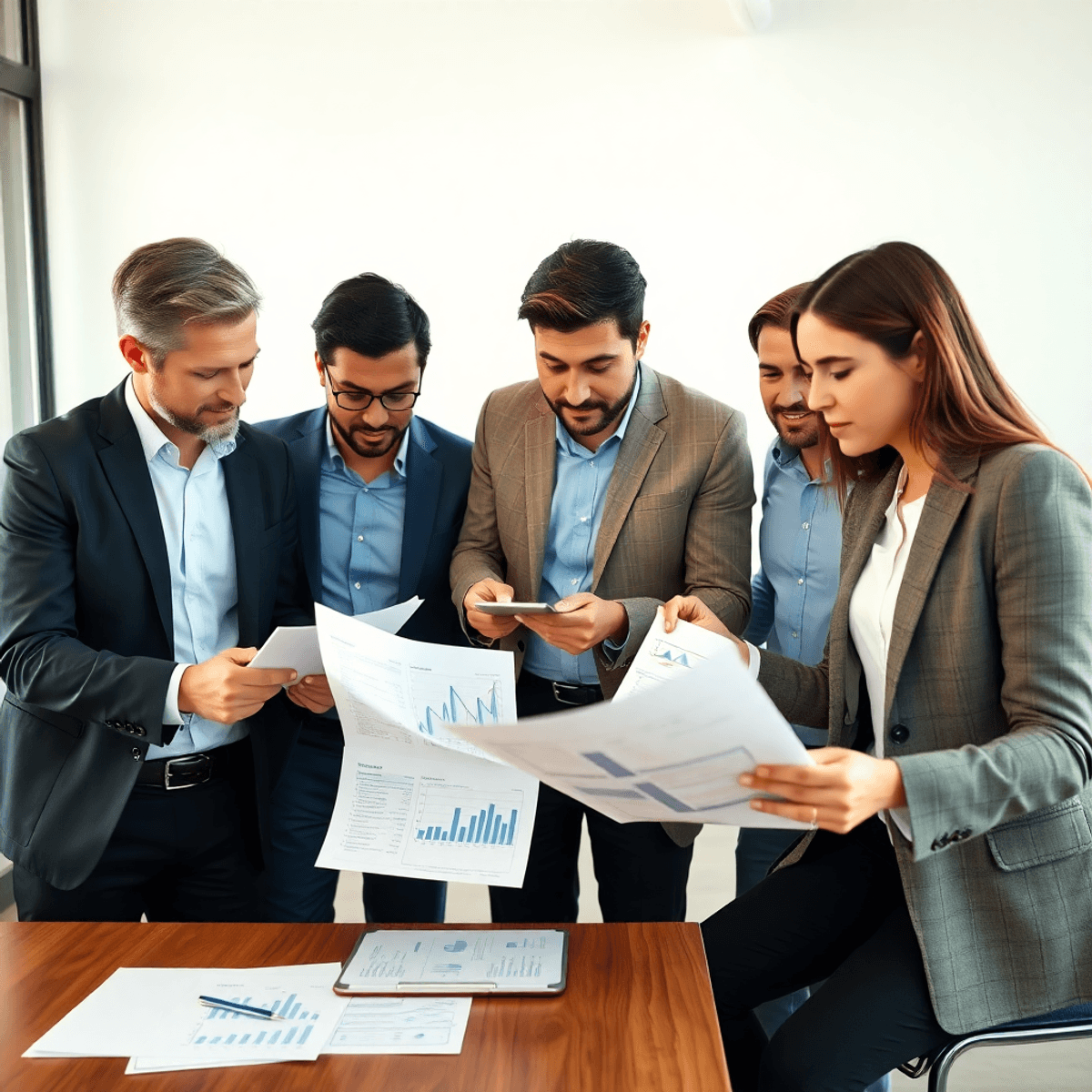 A group of entrepreneurs reviewing financial documents and charts in a professional business setting.