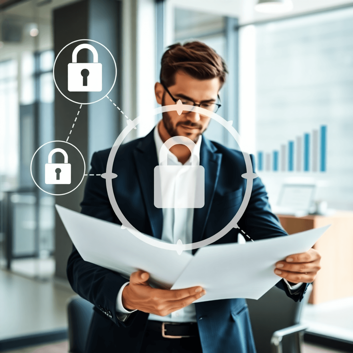 Business broker reviewing confidential documents in a modern office with security icons and blurred business charts in the background.