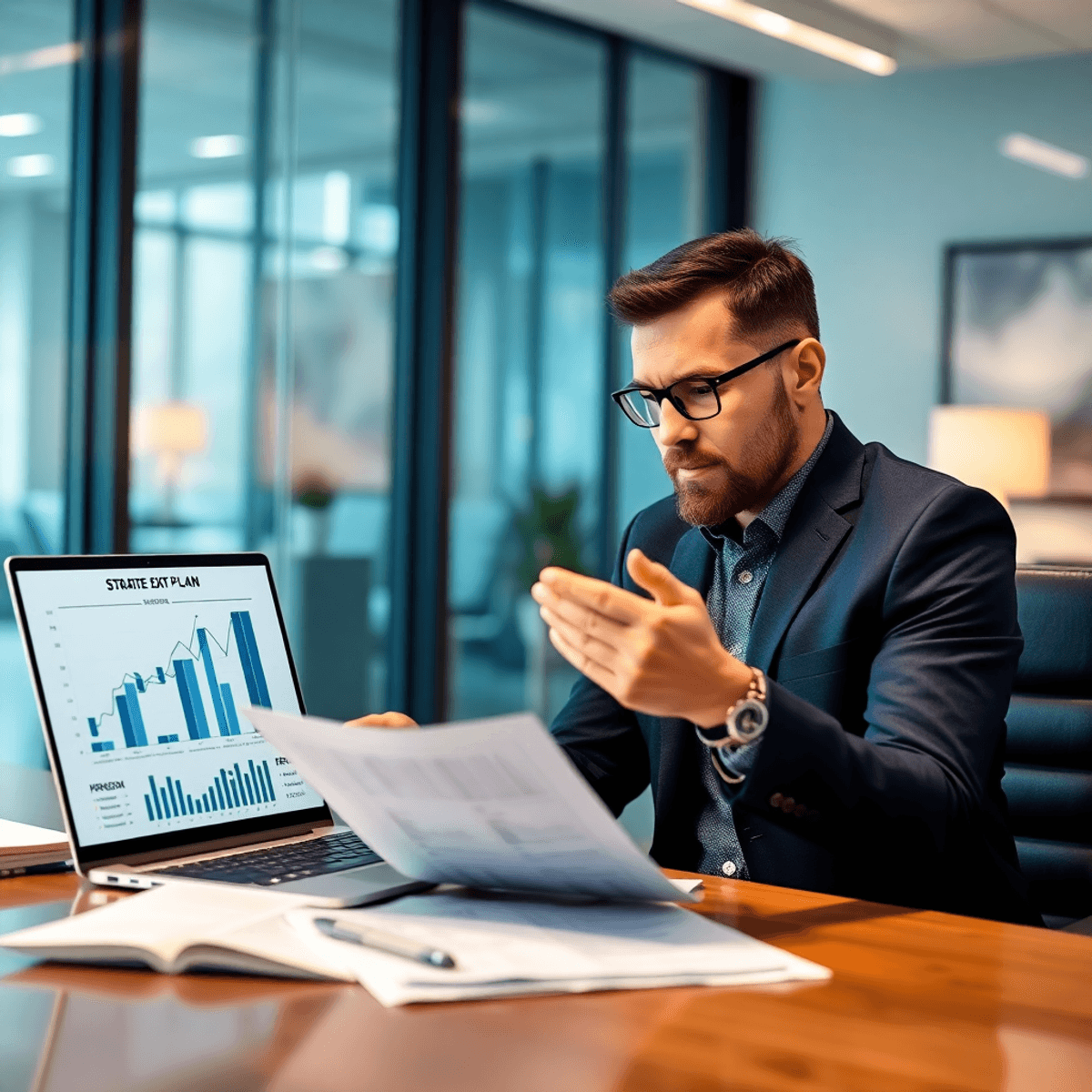 Business owner reviewing exit plan document with charts and graphs on laptop in a modern office, symbolizing successful planning and transition.
