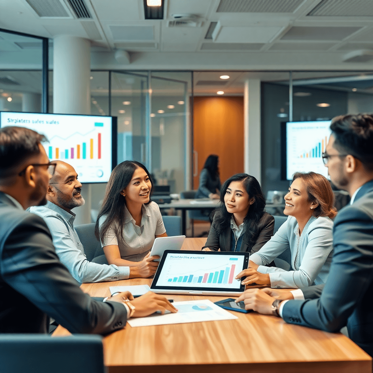 Business professionals discussing sales strategy with charts and graphs on digital screens in a modern office setting.