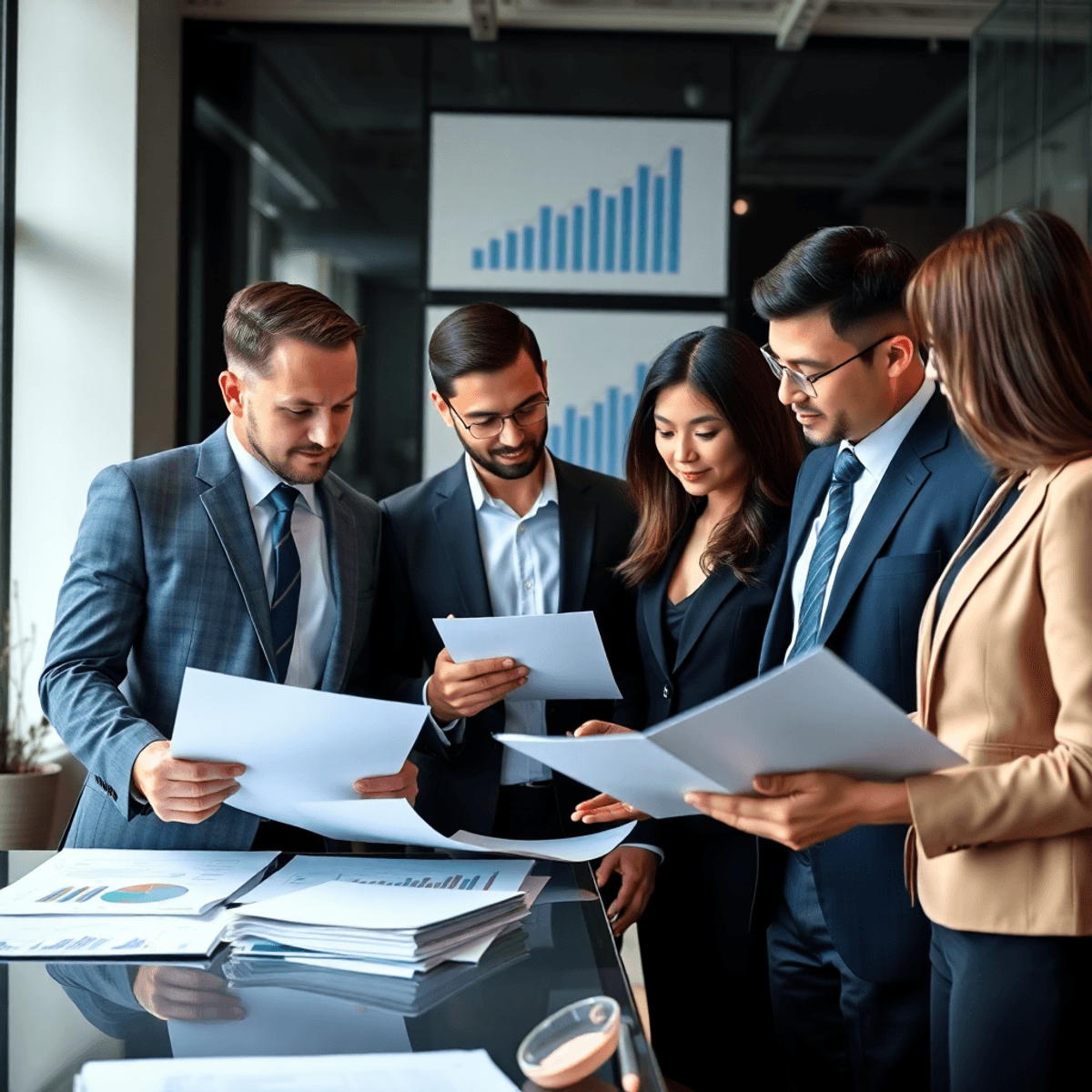 Business professionals in a modern office reviewing documents and discussing strategies with charts and graphs visible in the background.