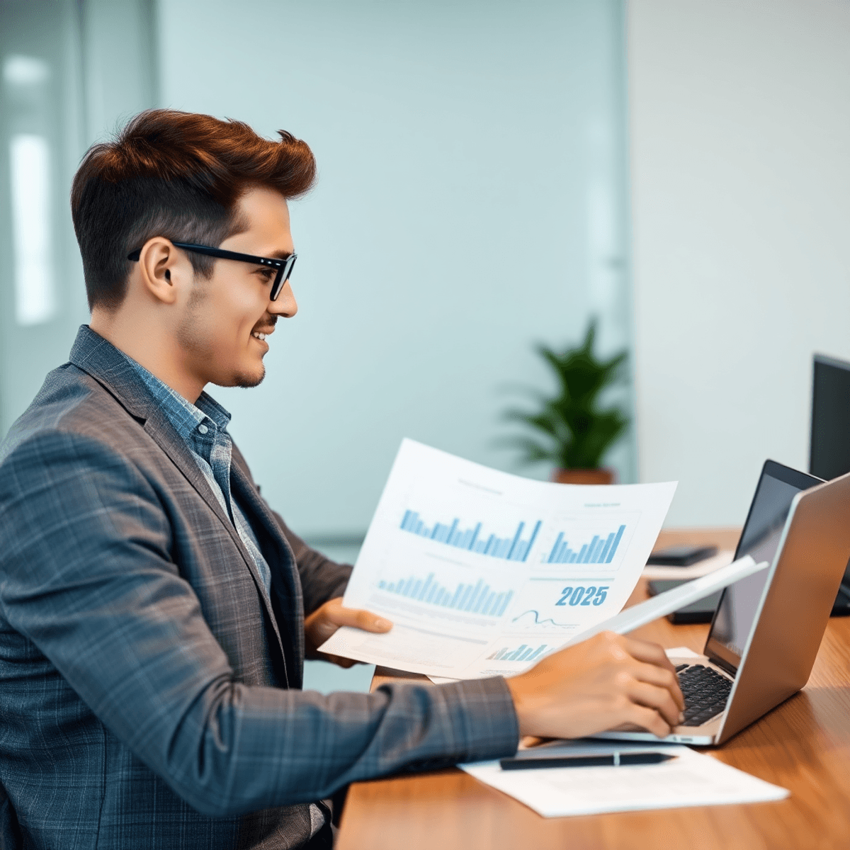 Entrepreneur reviewing financial documents and tax plans at a modern desk with charts on laptop, symbolizing strategic business exit planning for 2...
