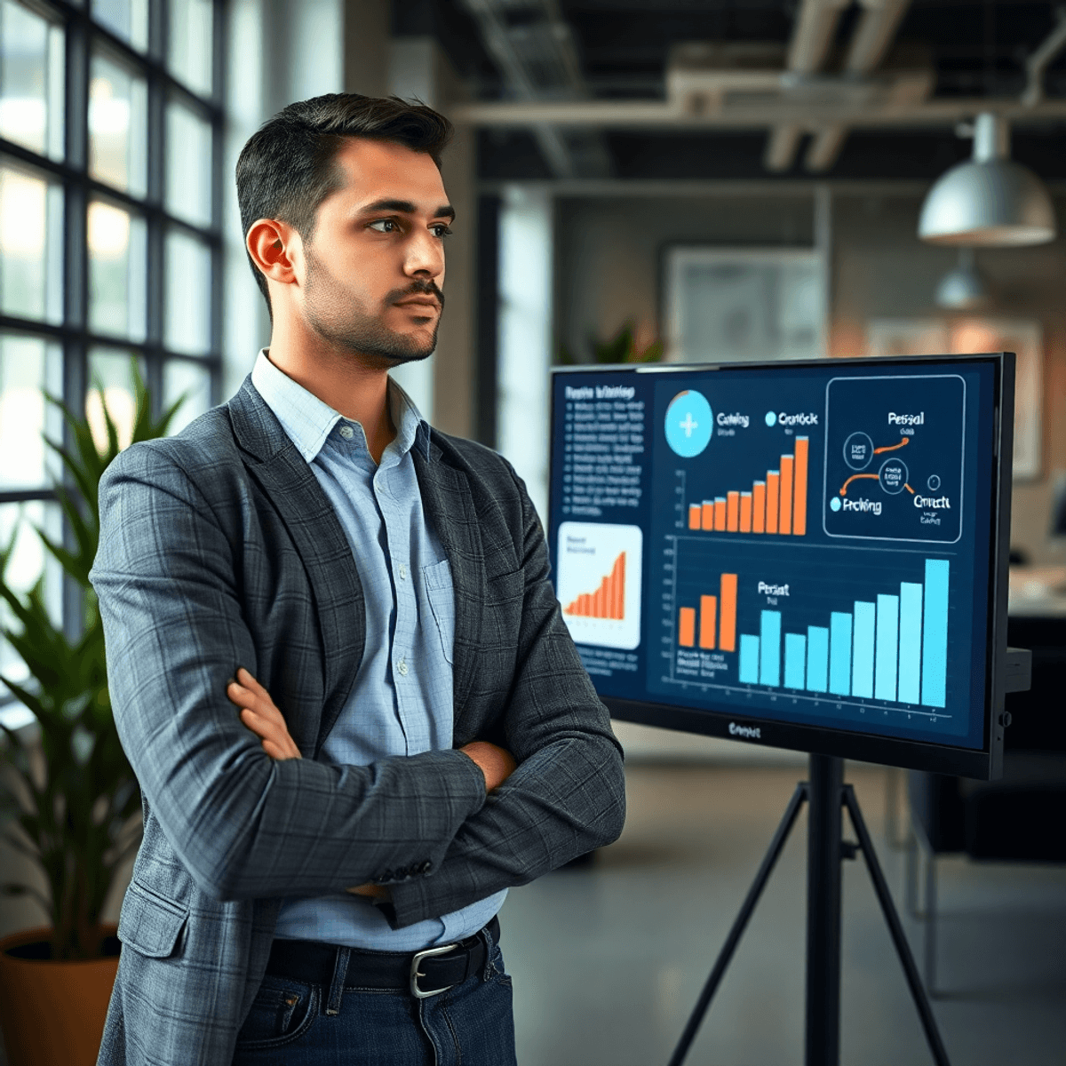 Founder in modern office, thoughtfully viewing digital screen with growth charts and branding elements, symbolizing strategic business exit prepara...