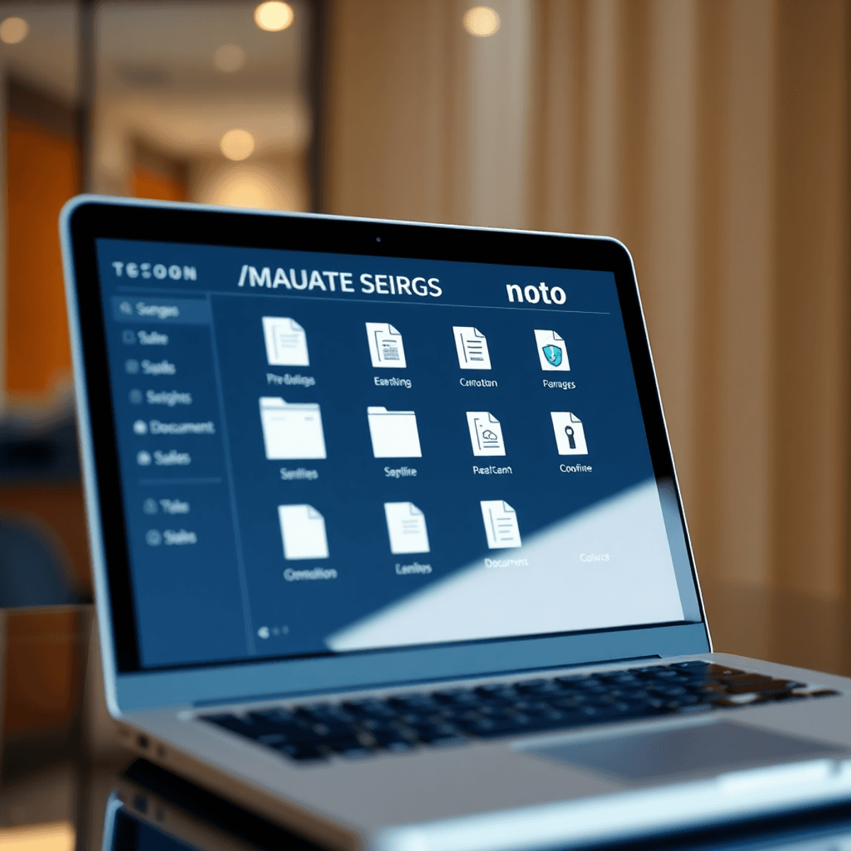 Laptop displaying a modern virtual data room interface with organized folders and secure document icons in a professional business setting.