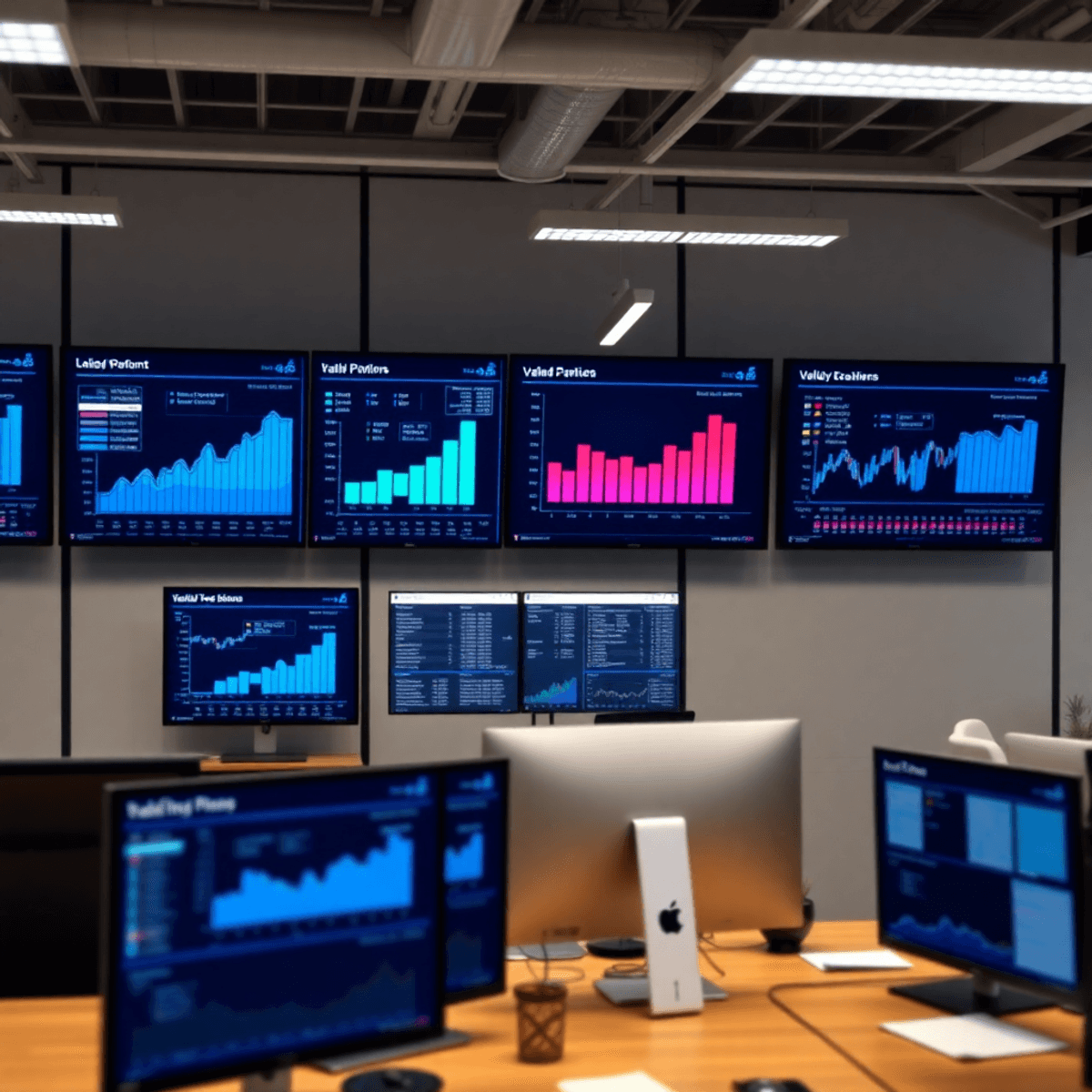 Modern office with multiple digital screens showing business analytics, charts, and real-time valuation data in a technology-driven workspace.