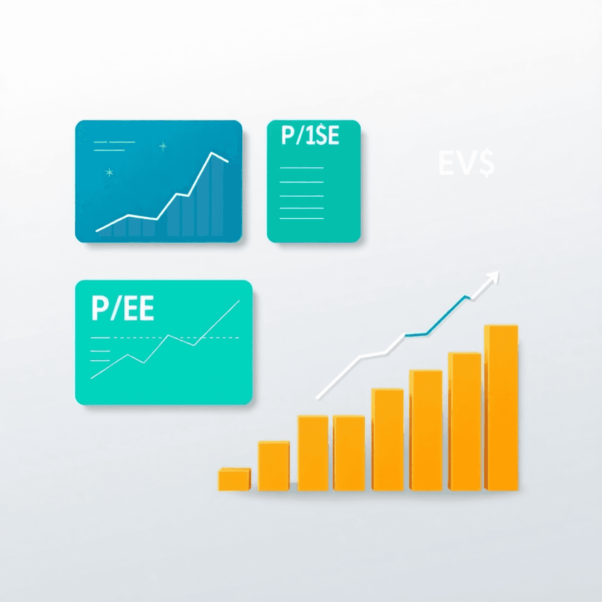 Photograph-style graphic showing business valuation concepts with financial charts, P/E and EV ratios, a growing bar graph, and dollar signs on a s...