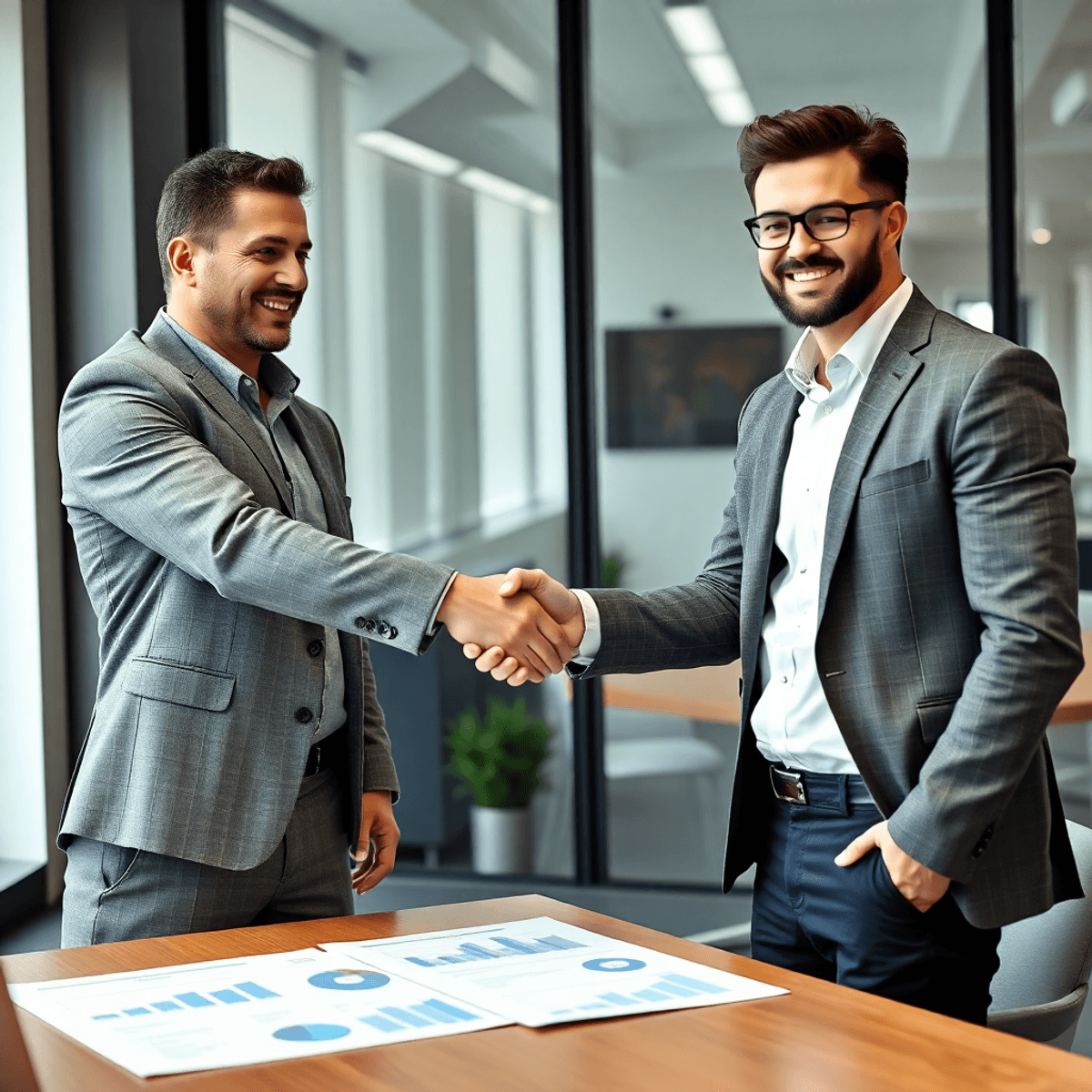 Two entrepreneurs shaking hands in a modern office with charts and documents on the table, symbolizing a successful business deal.