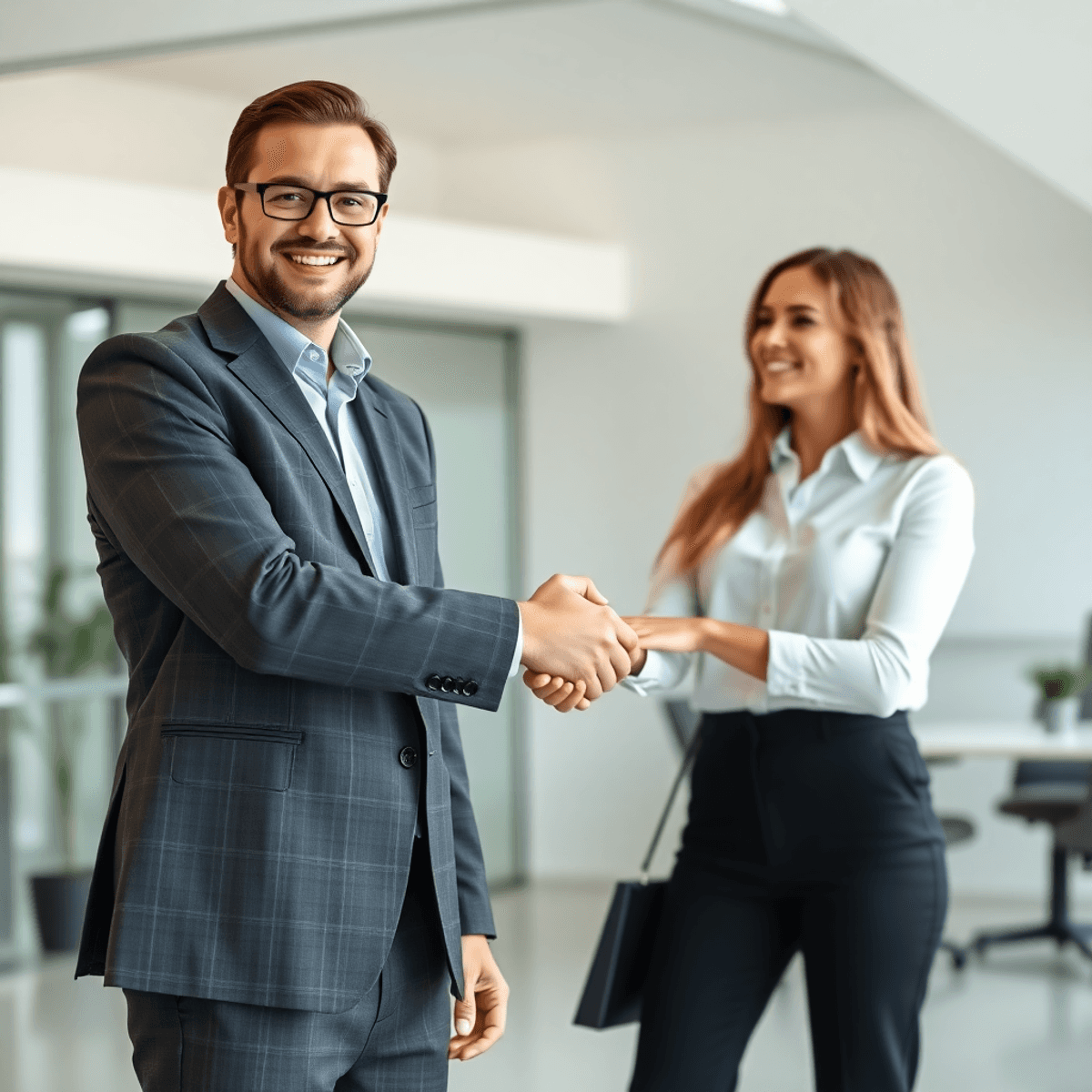 Two entrepreneurs shaking hands in a modern office, symbolizing successful business exit and emotional intelligence, with growth and strategy icons...