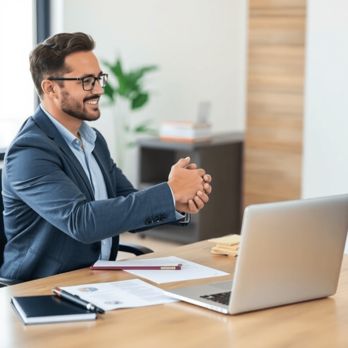 Two professionals shaking hands across a desk with documents and a laptop, symbolizing a business agreement or decision.