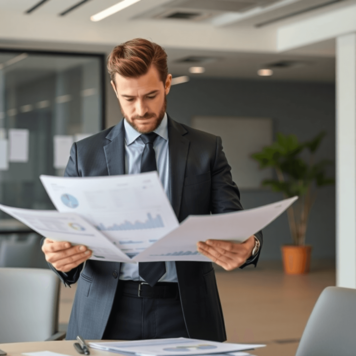 A businessperson analyzing charts and documents in a modern office, representing strategic planning and due diligence.