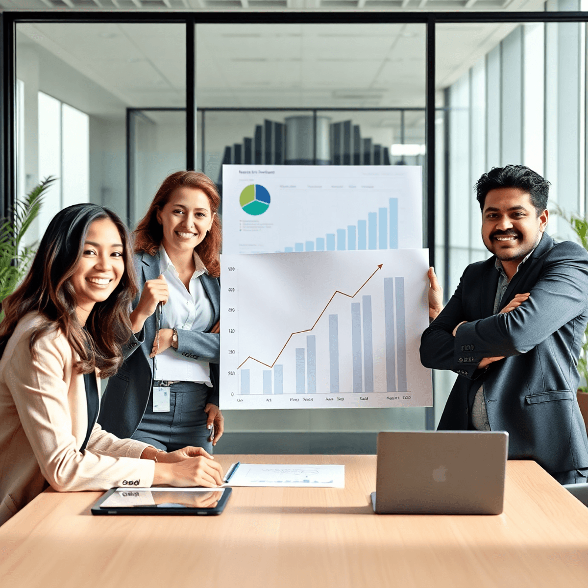 A group of confident entrepreneurs discussing market trends and exit strategies in a modern office with charts showing upward growth.