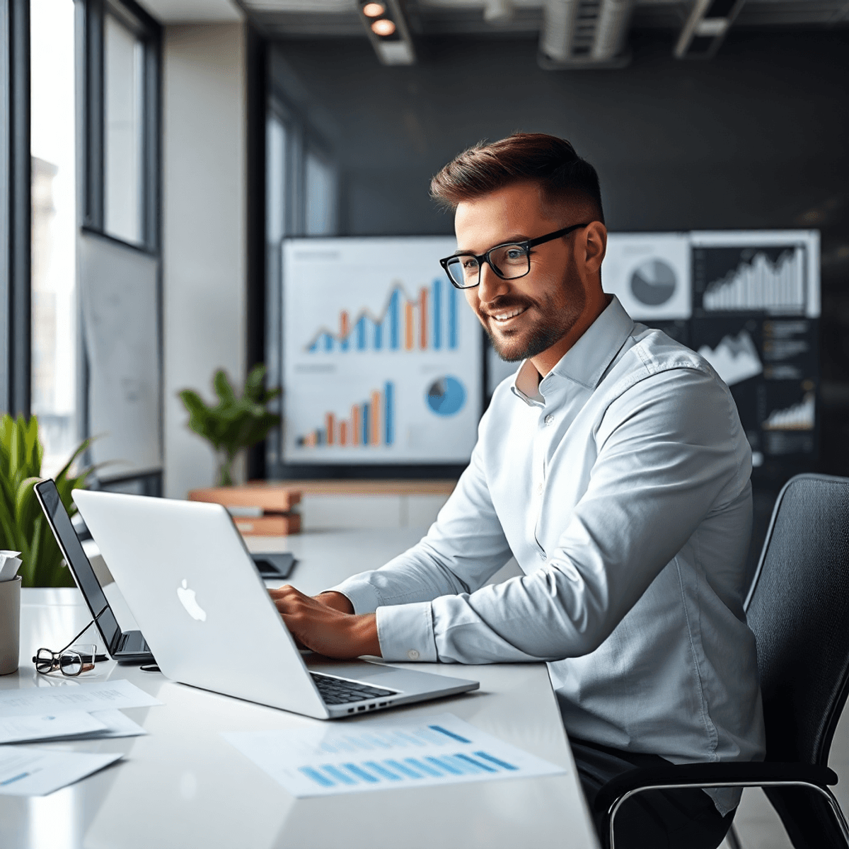 A modern office with a confident entrepreneur working on a laptop, surrounded by charts and graphs showing business growth and financial success.
