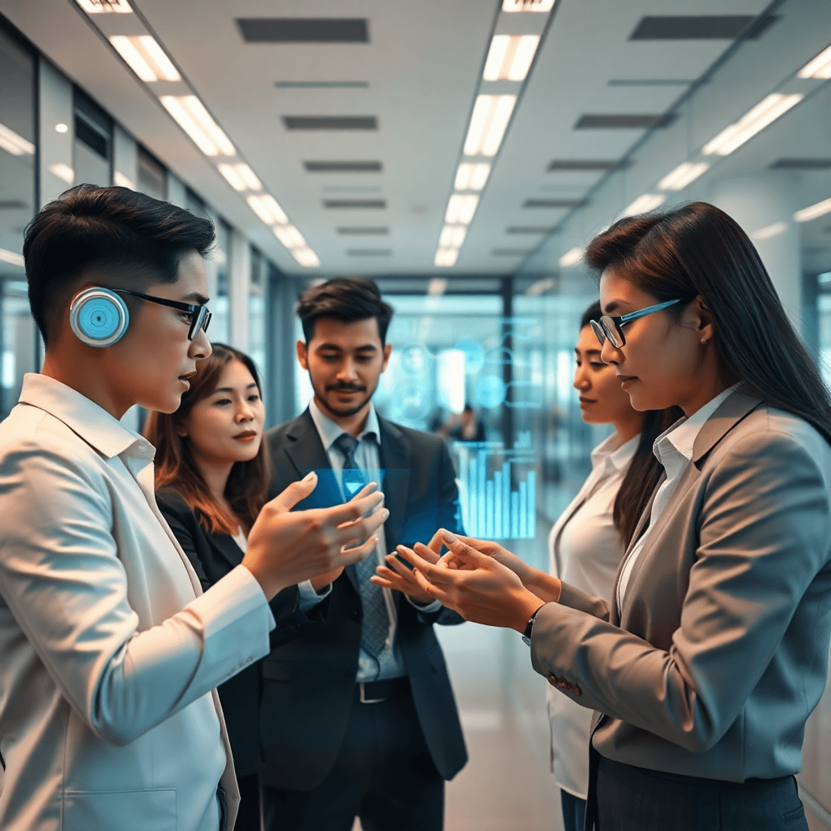 Business professionals analyzing digital data on transparent futuristic screens in a sleek modern office, symbolizing AI in mergers and acquisition...