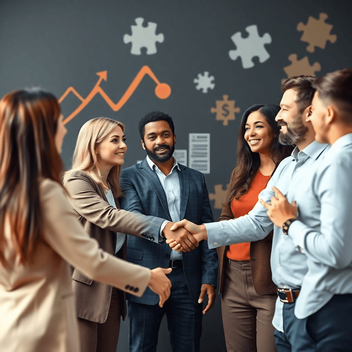 Entrepreneurs in a business meeting shaking hands with abstract symbols of growth, money, and puzzle pieces in the background.